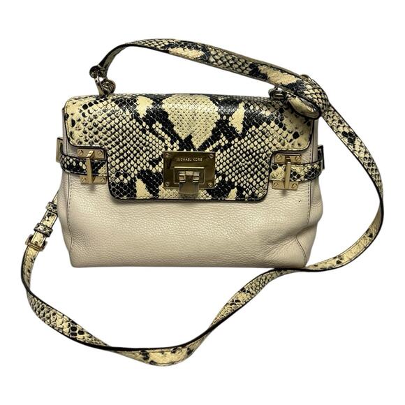 Michael Kors Astrid Medium Top Handle Embossed Leather Satchel Cream Snake